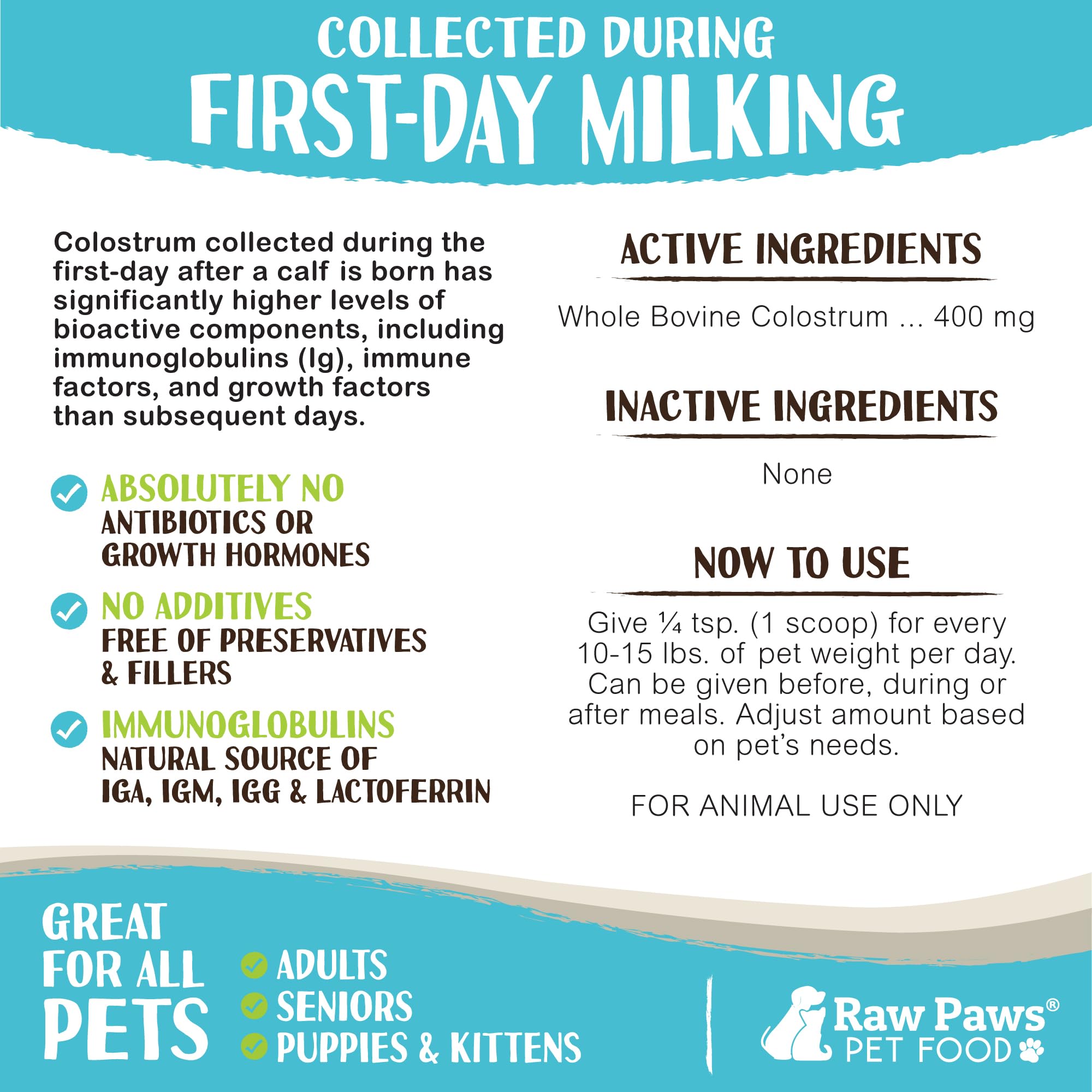 Raw Paws bovine colostrum scoop for effortless dosing