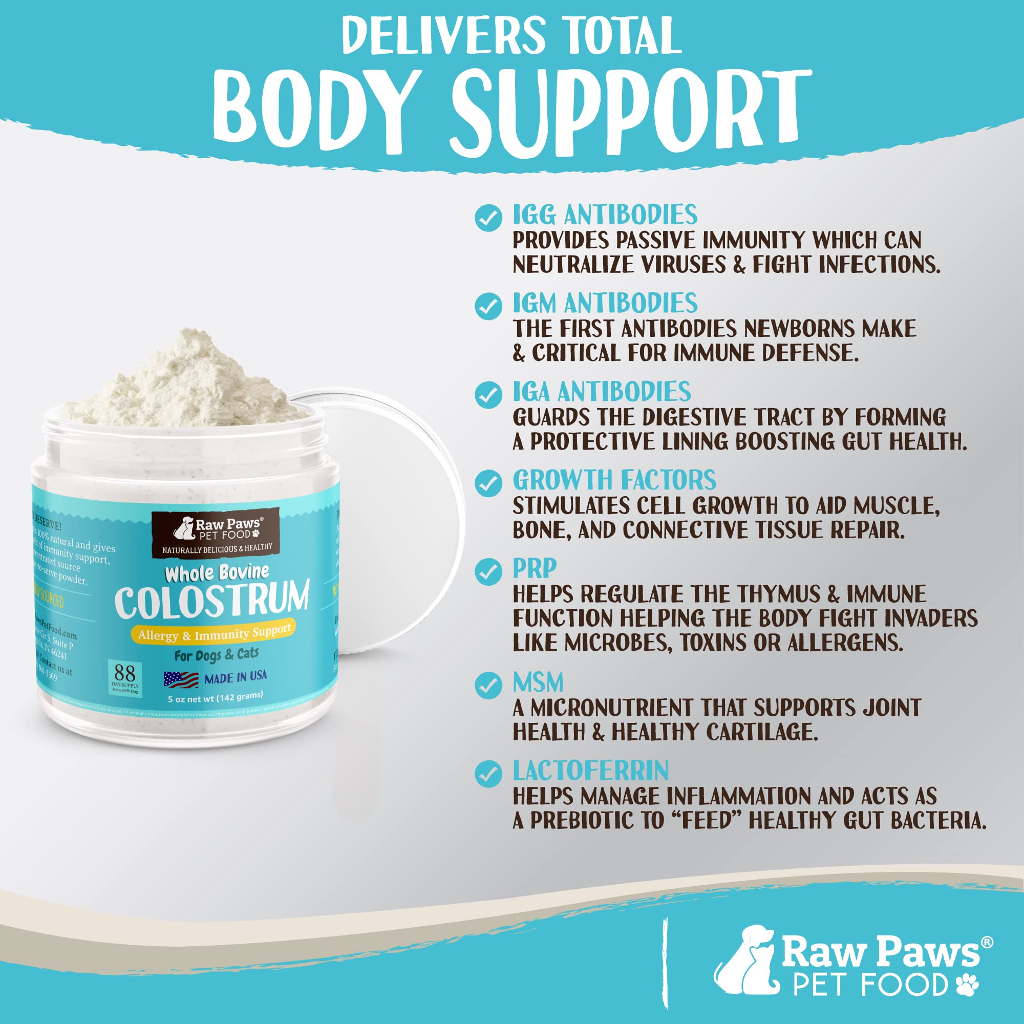 Raw Paws bovine colostrum sourced from US cattle