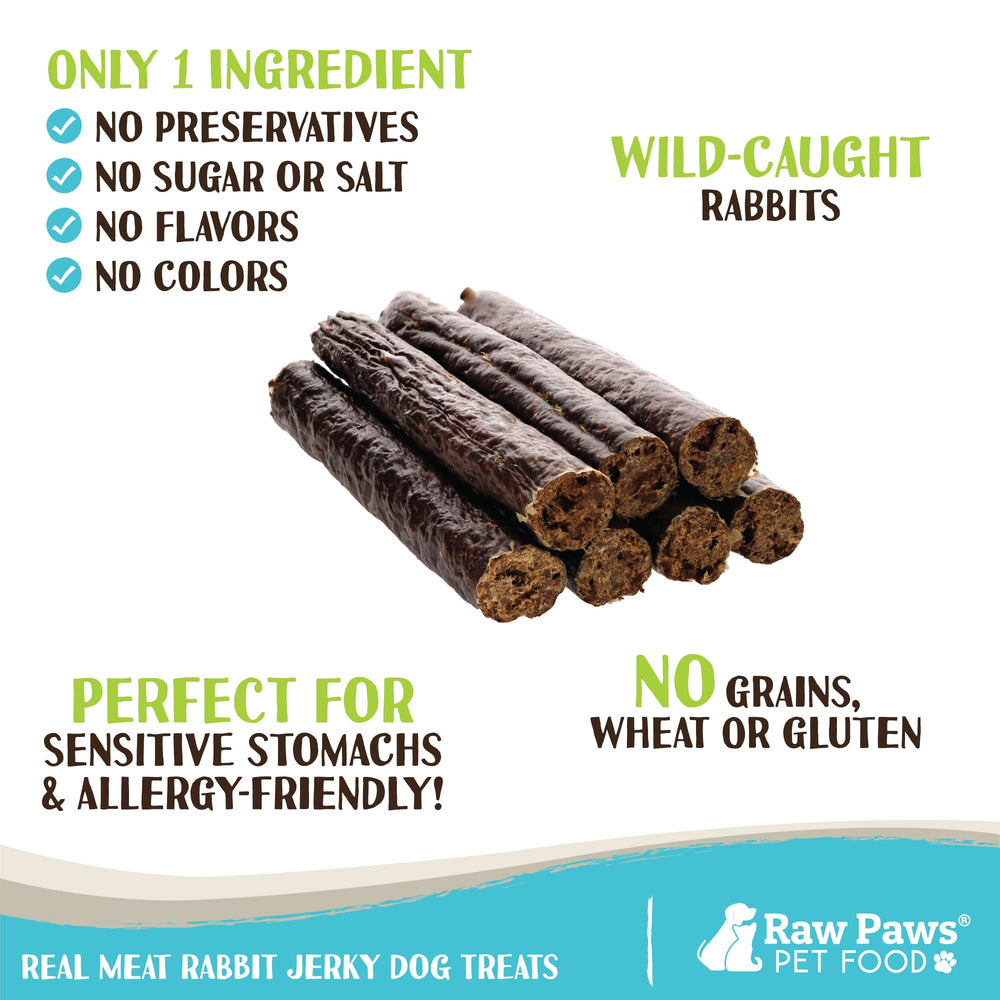 Raw Paws dehydrated rabbit bites, single-ingredient snack ideal for sensitive stomachs