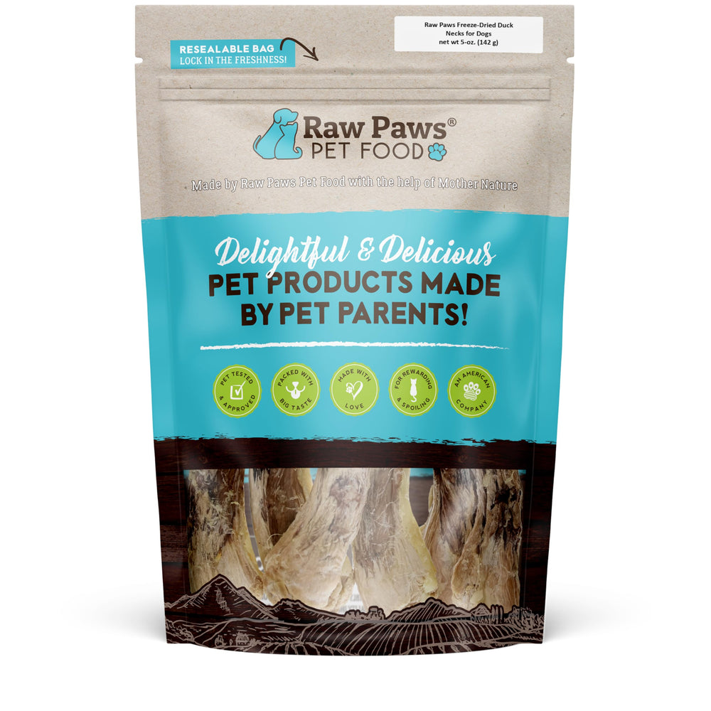 Raw Paws freeze-dried duck necks in a dog-friendly bowl for natural chewing fun.
