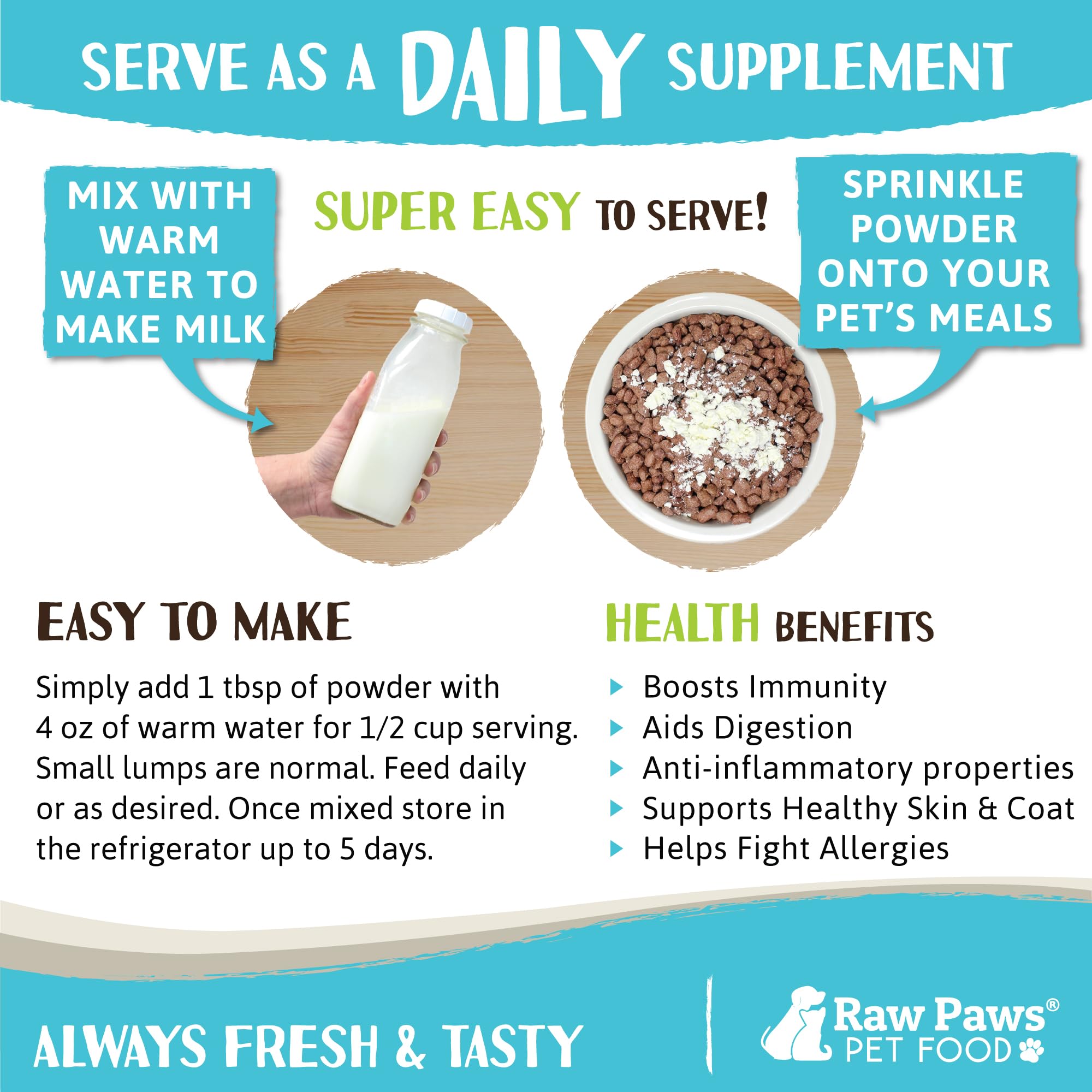 Raw Paws Goat Milk Powder packaging from USA, showing farm origin.