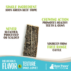 Raw Paws Green Beef Tripe Sticks sealed bag highlights convenient, shelf-stable chew.