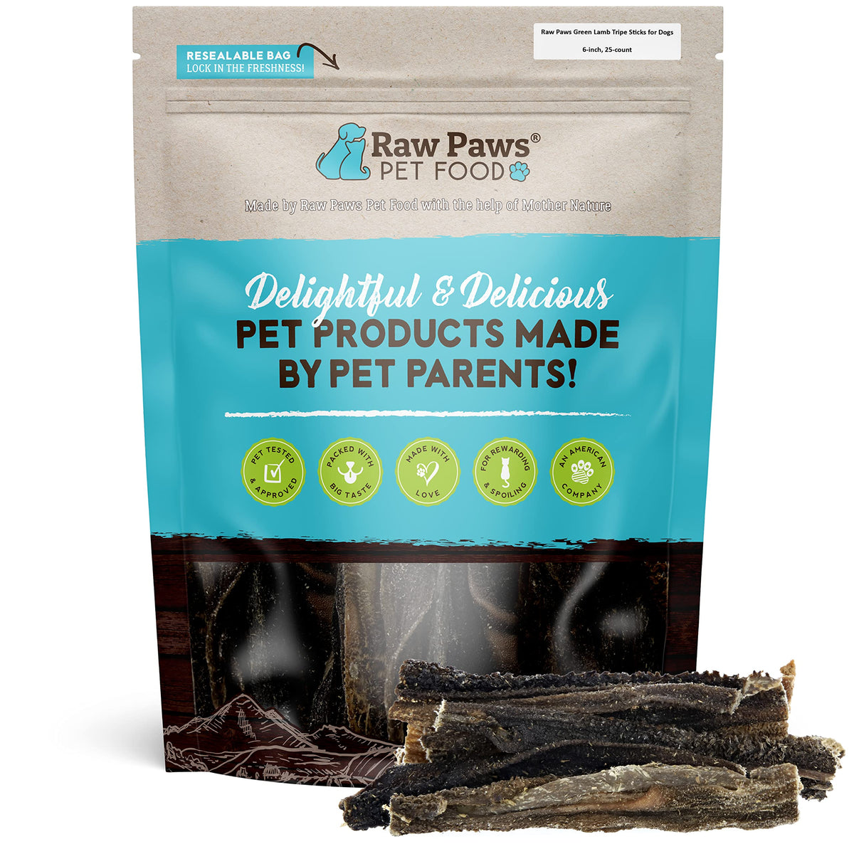 Raw Paws Green Lamb Tripe Sticks pack shot highlighting a healthy single-ingredient dog treat
