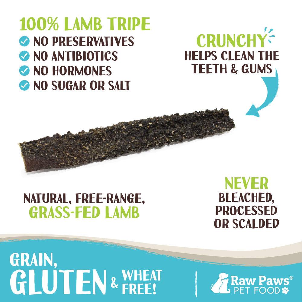 Raw Paws Green Lamb Tripe Sticks texture close-up reveals chewy surface and aroma