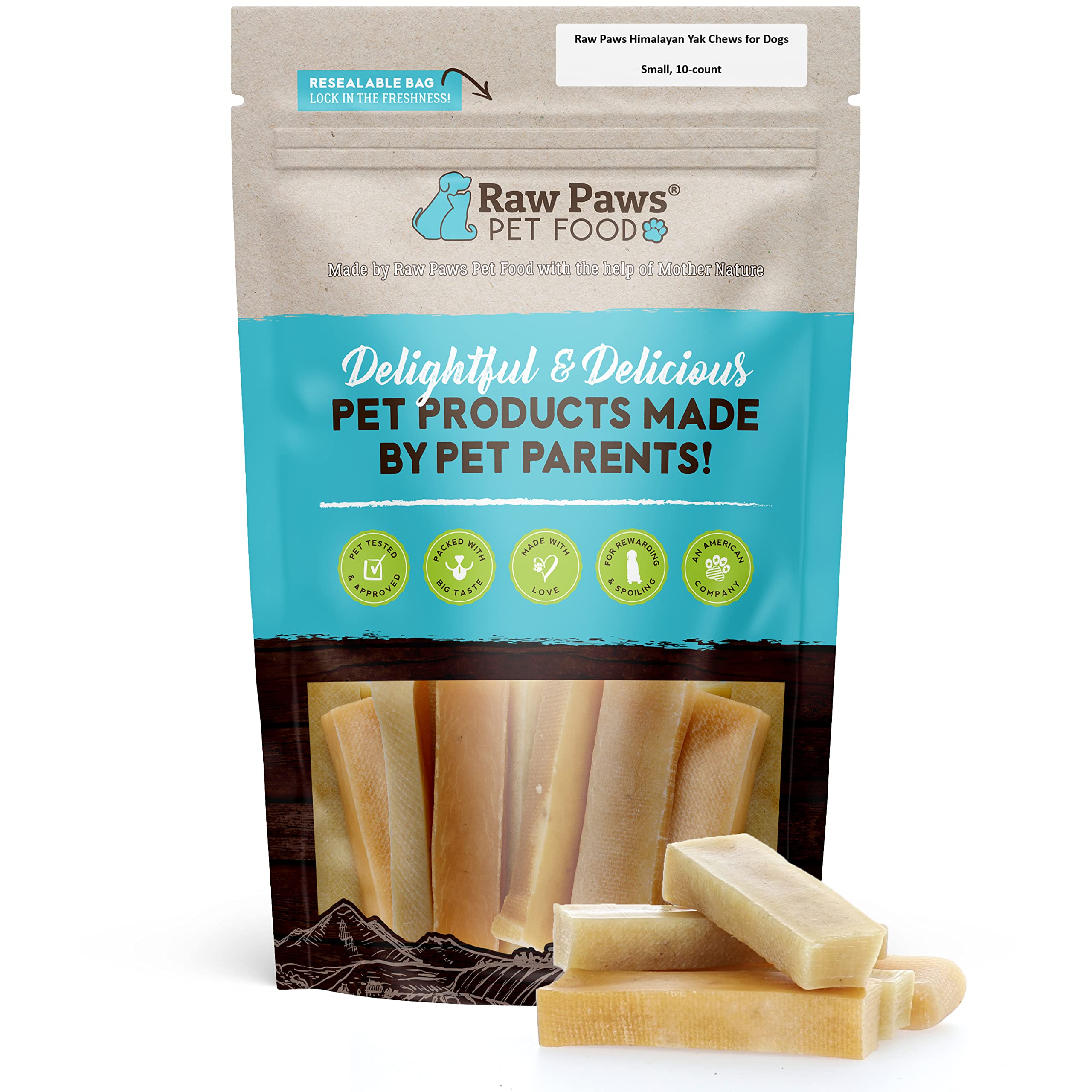 Raw Paws Himalayan Yak Chews packaging shows all-natural, long-lasting dog treats