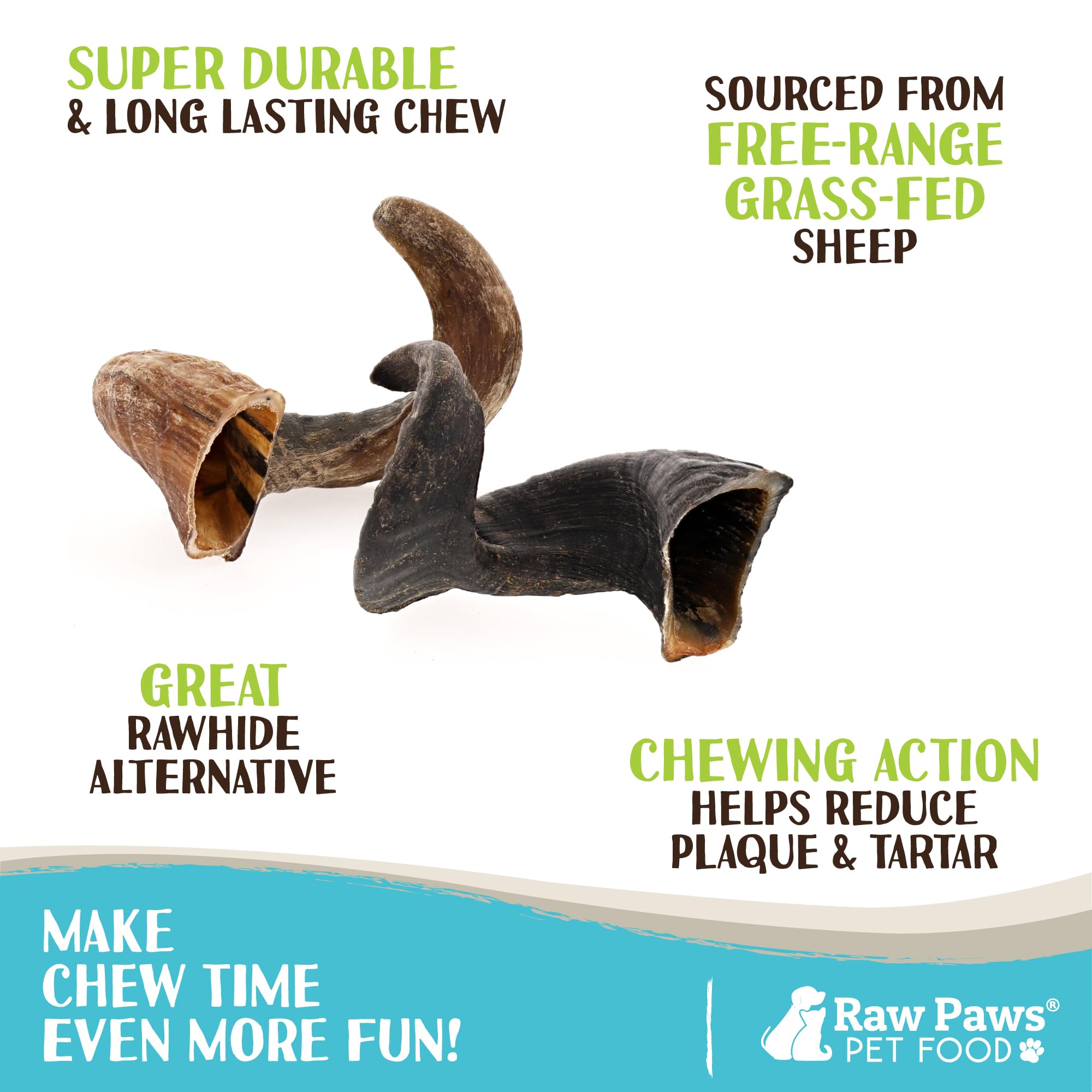 Raw Paws lamb horn chew session for dogs promotes focused, long-lasting chewing.