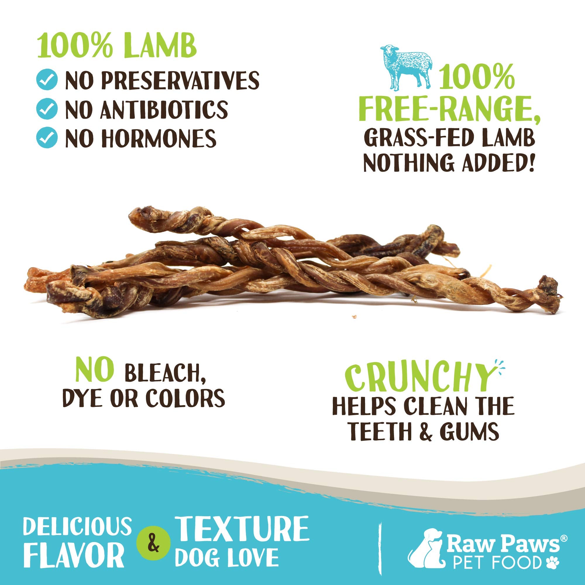 Raw Paws Lamb Pizzle Twists texture closeup reveals braided, grain-free chew.