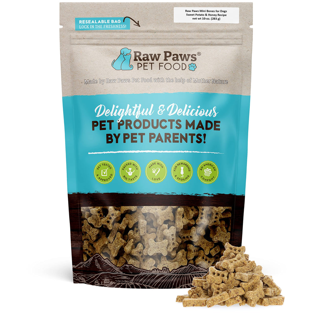 Raw Paws Mini Bones sweet potato honey biscuit close-up for training rewards