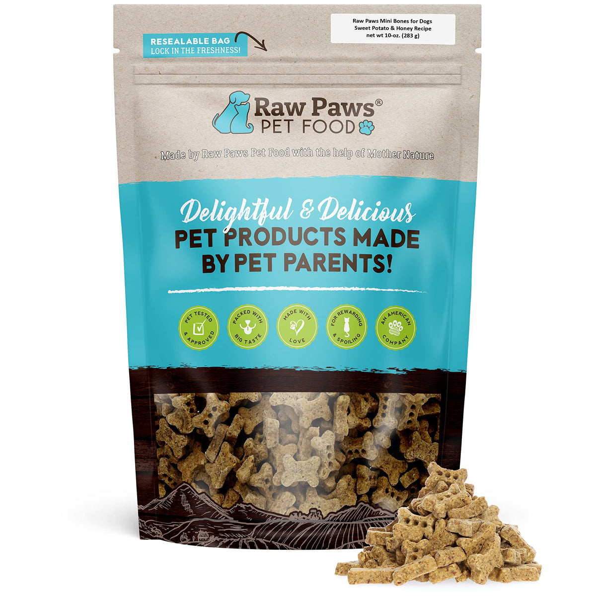 Raw Paws Mini Bones sweet potato honey biscuit close-up for training rewards