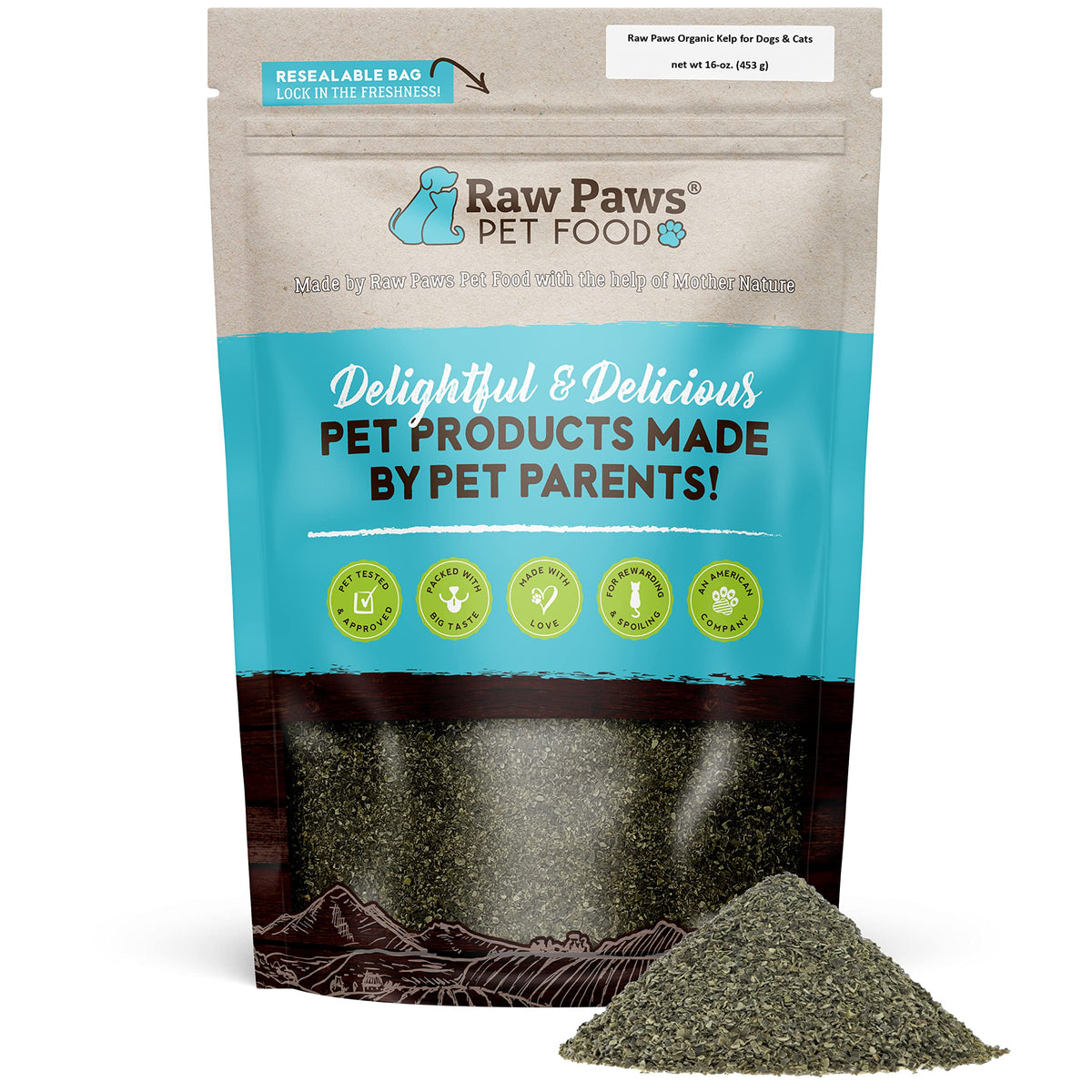 Raw Paws Organic Kelp Powder bottle front label for daily pet wellness