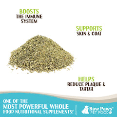 Raw Paws Kelp Powder poured into dog or cat meal bowl for easy daily use