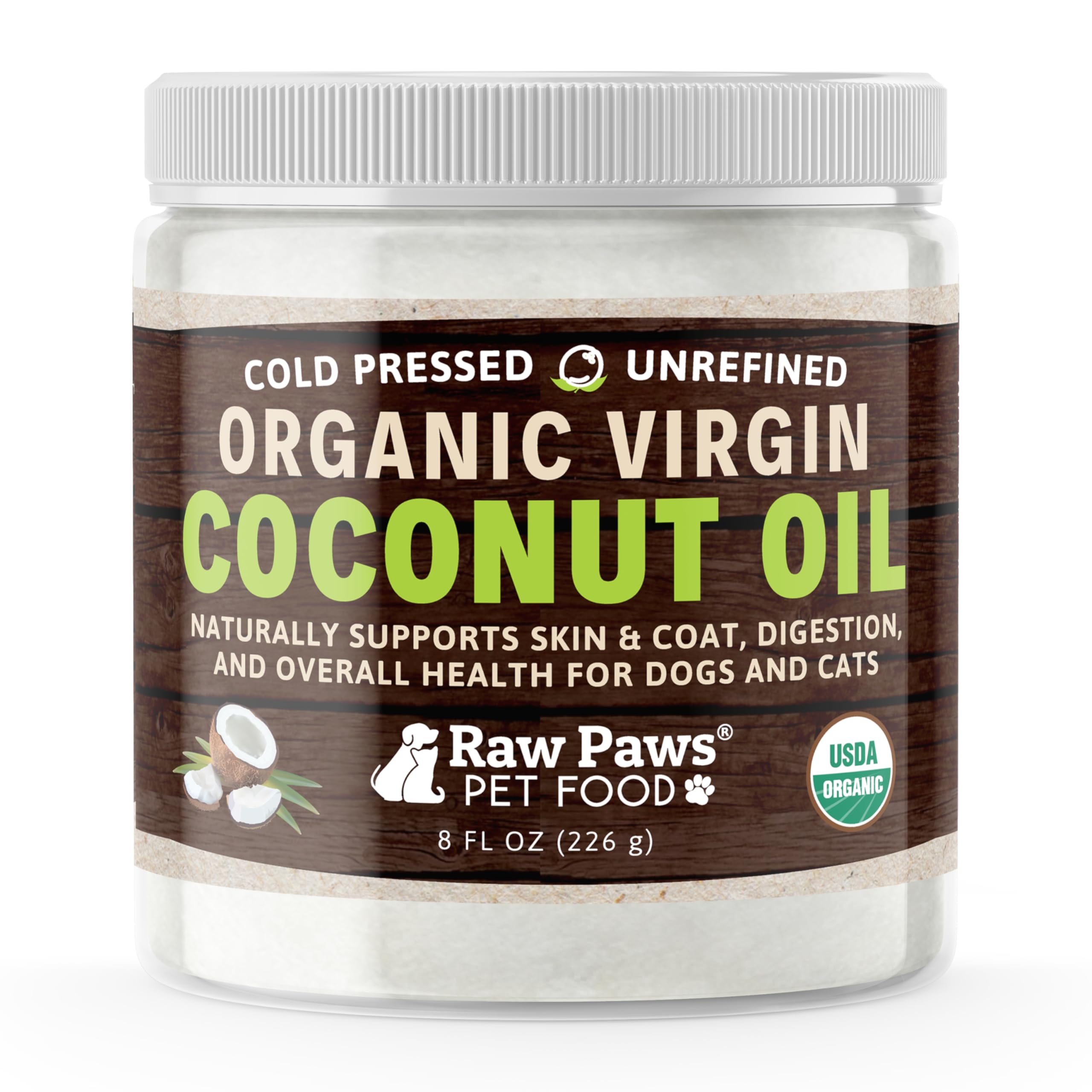 Raw Paws Organic Virgin Coconut Oil 8oz bottle boosts pet digestion when added to meals.
