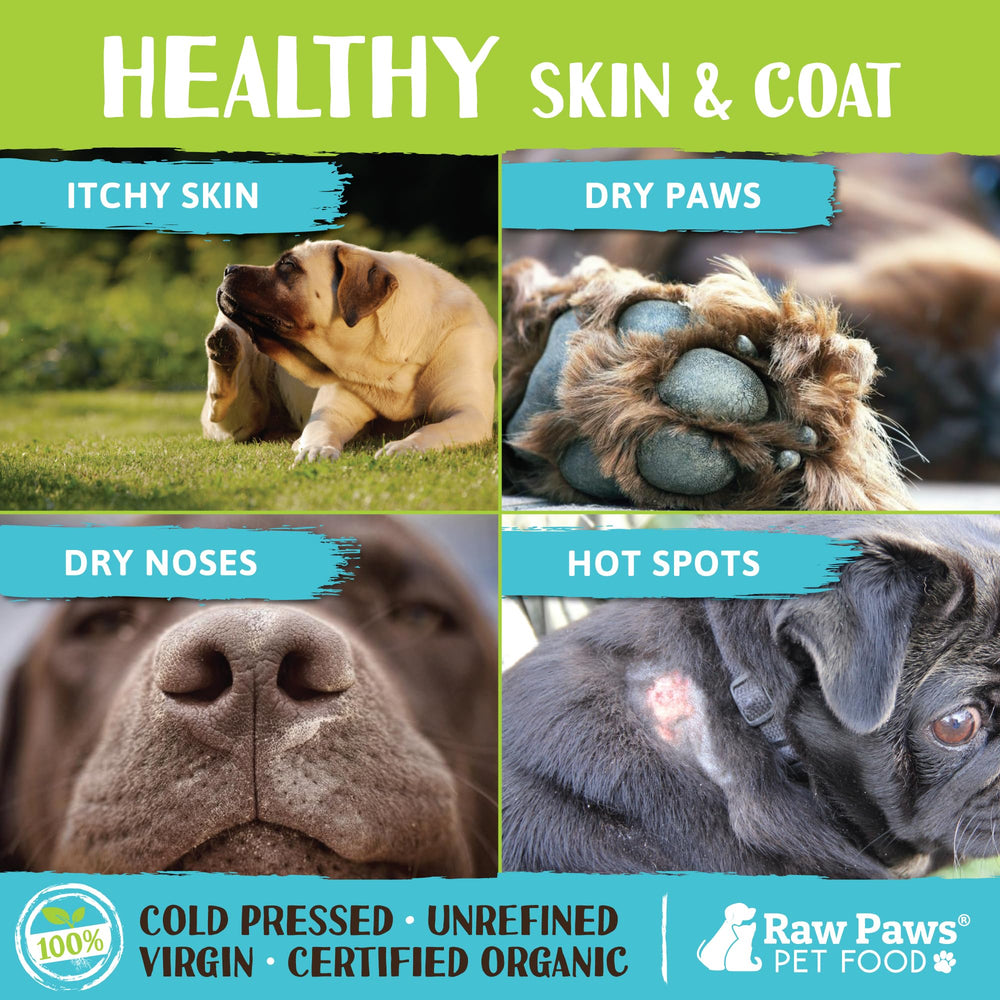 Raw Paws virgin coconut oil pour demonstrates easy dosing for daily skin and coat support.
