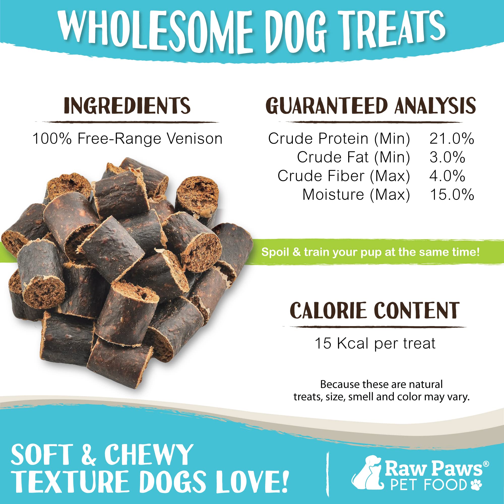 Single-ingredient venison snack from Raw Paws for dogs.