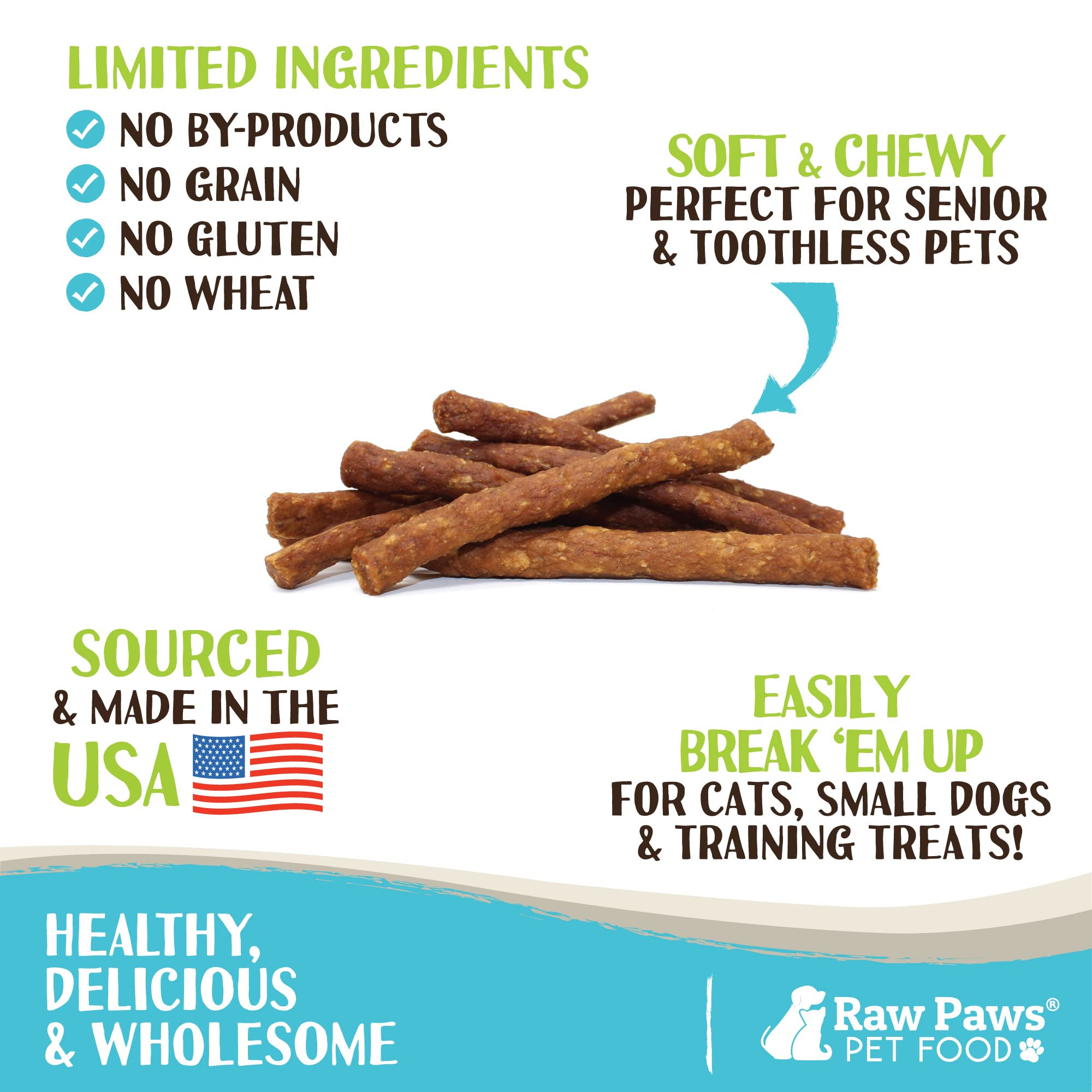 Close-up of Raw Paws texture – tender, easy-tear chicken jerky.
