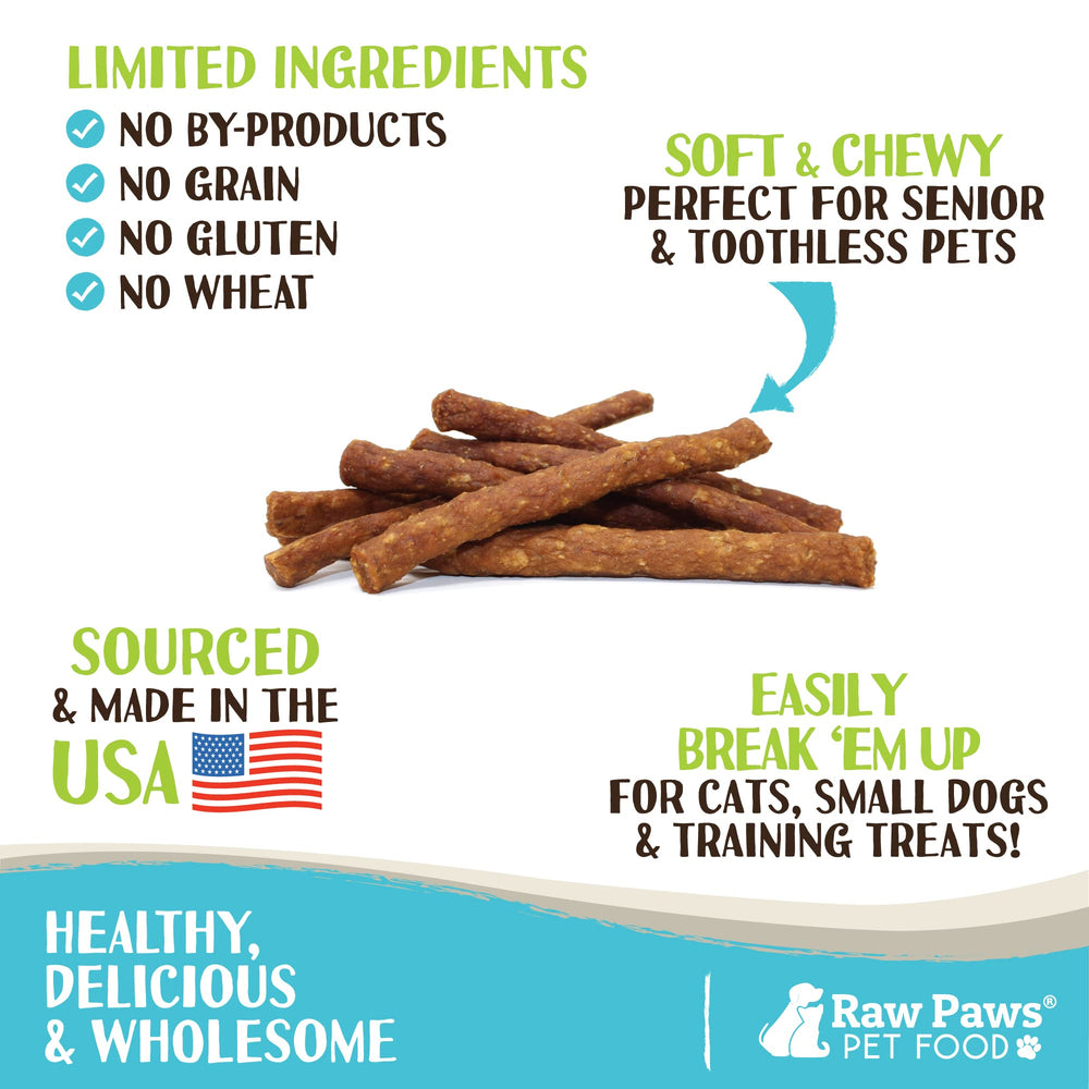 Close-up of Raw Paws texture – tender, easy-tear chicken jerky.