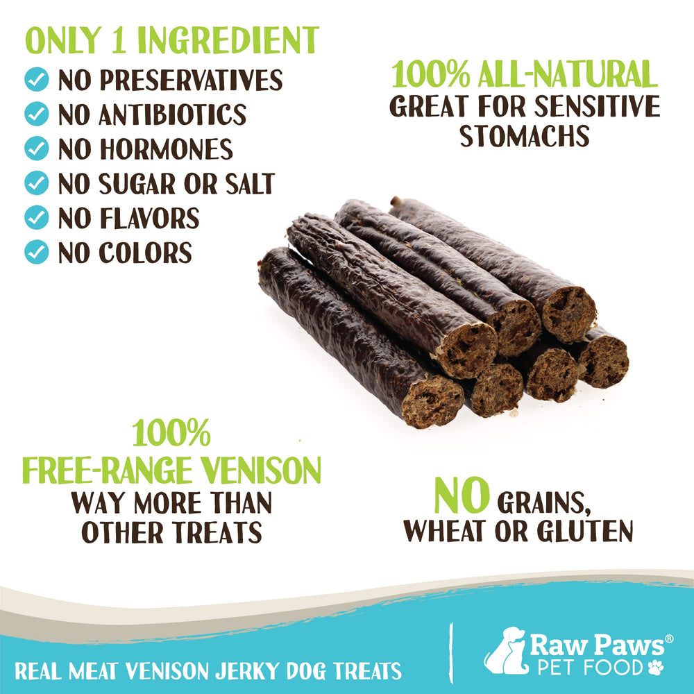 Close-up of Raw Paws single-ingredient venison jerky treats.