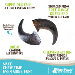 Close-up texture of Raw Paws buffalo horn chew for dental interest.