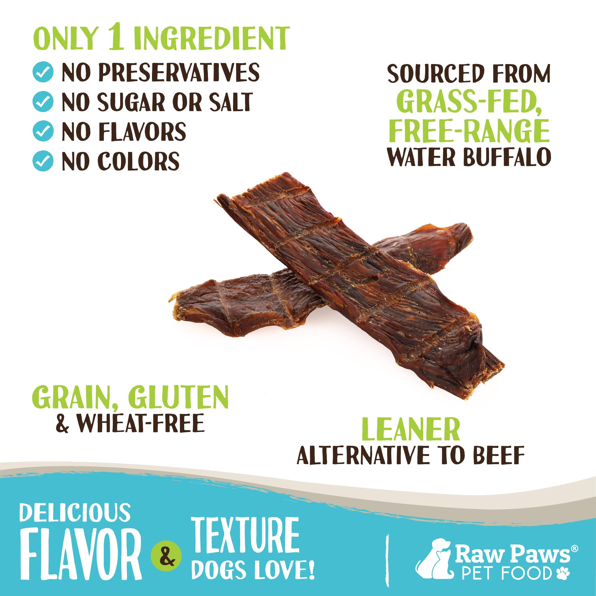 Close-up of Raw Paws buffalo jerky strips showing grain-free, preservative-free ingredients for dogs