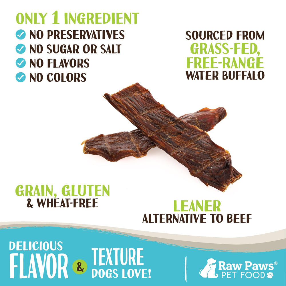 Close-up of Raw Paws buffalo jerky strips showing grain-free, preservative-free ingredients for dogs