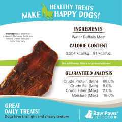 Dog enjoying Raw Paws water buffalo jerky as a chewy, tasty snack