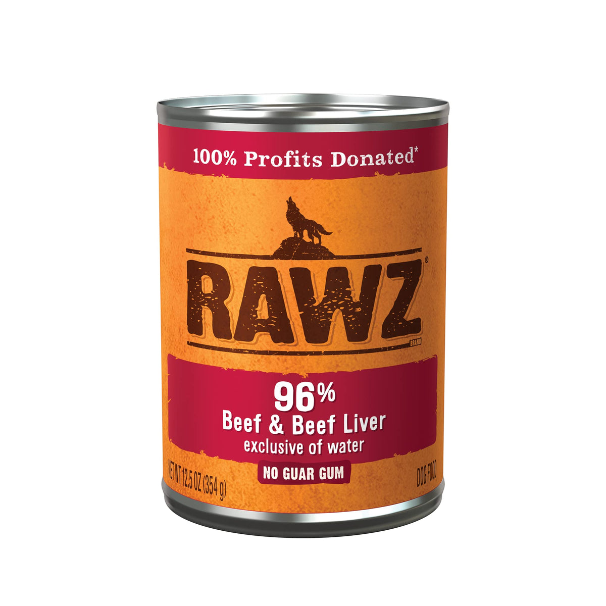 Rawz 96% beef wet dog food can with beef chunks for lean muscle support.