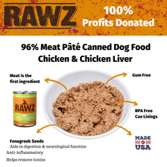 Rawz chicken and liver dog food can highlights premium ingredients