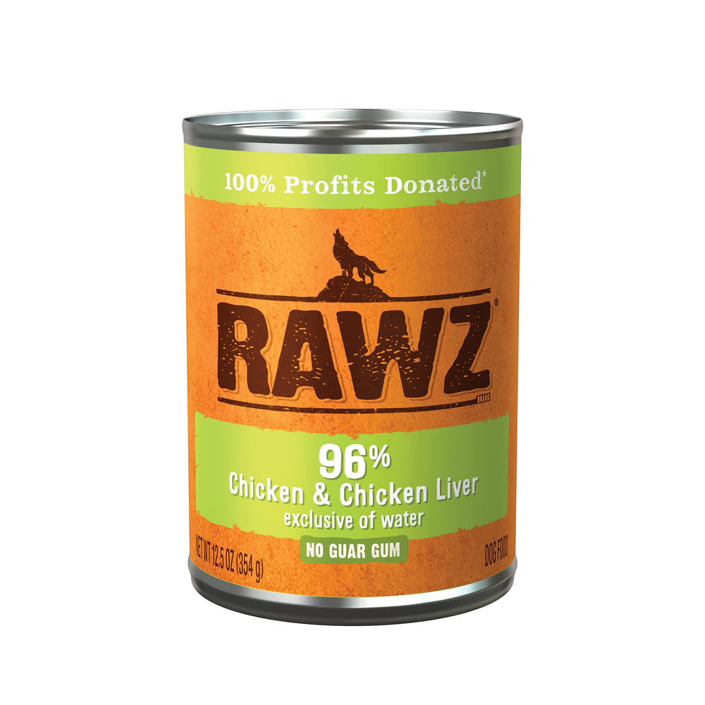Rawz 96% meat dog food in a 12-pack can shows meat-forward nutrition