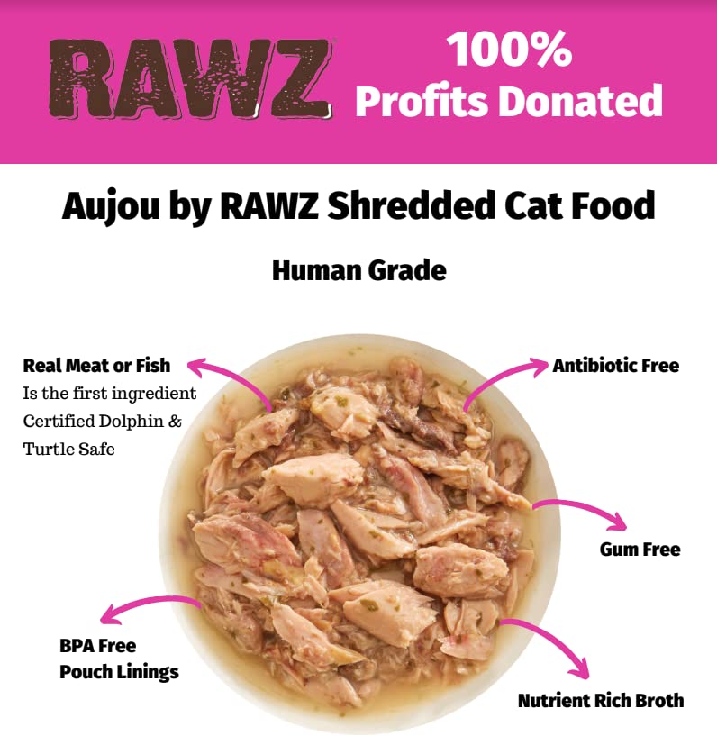 Rawz Aujou Aku tuna and salmon pouch label highlights complete nutrition