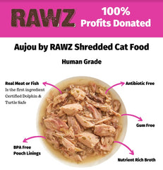 Rawz Aujou Aku tuna and salmon pouch label highlights complete nutrition