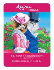 Rawz Aujou Aku Tuna and Salmon pouch open for quick, convenient feeding