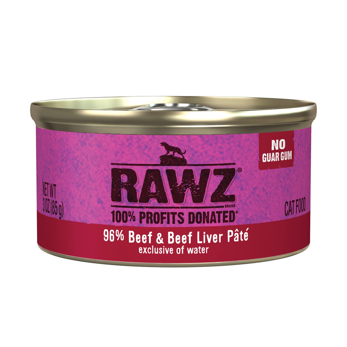 Rawz beef pate cat food can highlights real meat as the first ingredient for balanced nutrition.