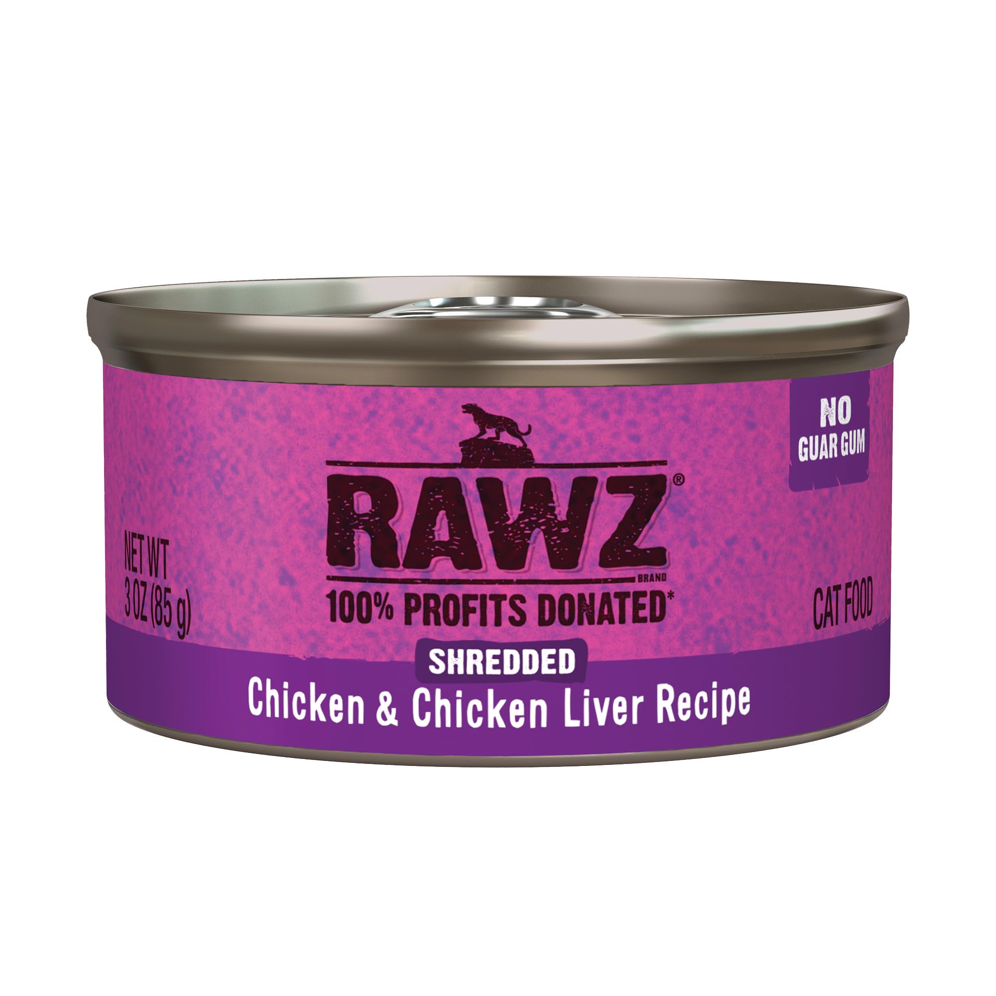 Rawz cat wet food with chicken and liver in a 3oz can; grain-free real meat.