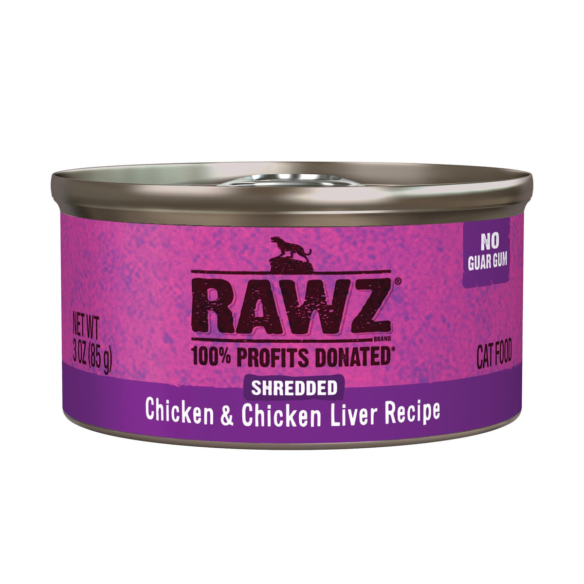 Rawz cat wet food with chicken and liver in a 3oz can; grain-free real meat.