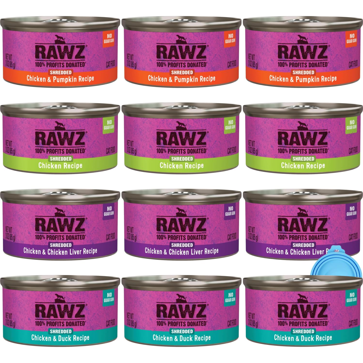 Rawz shredded chicken-duck cat food in a 3oz can, with nutrient-rich broth.
