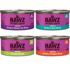 Rawz shredded chicken-liver cat food can showcasing savory juices.