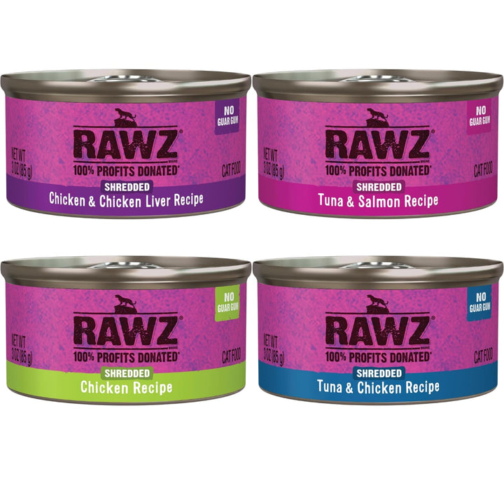 Rawz chicken-liver shredded wet cat food in a 3oz can for variety