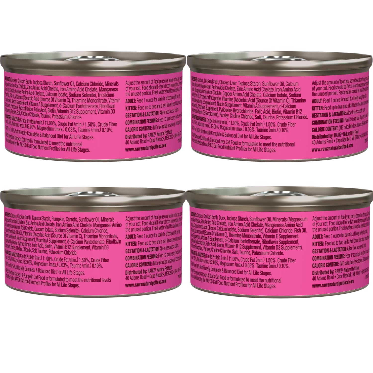 Rawz shredded chicken-pumpkin cat food can with fiber.