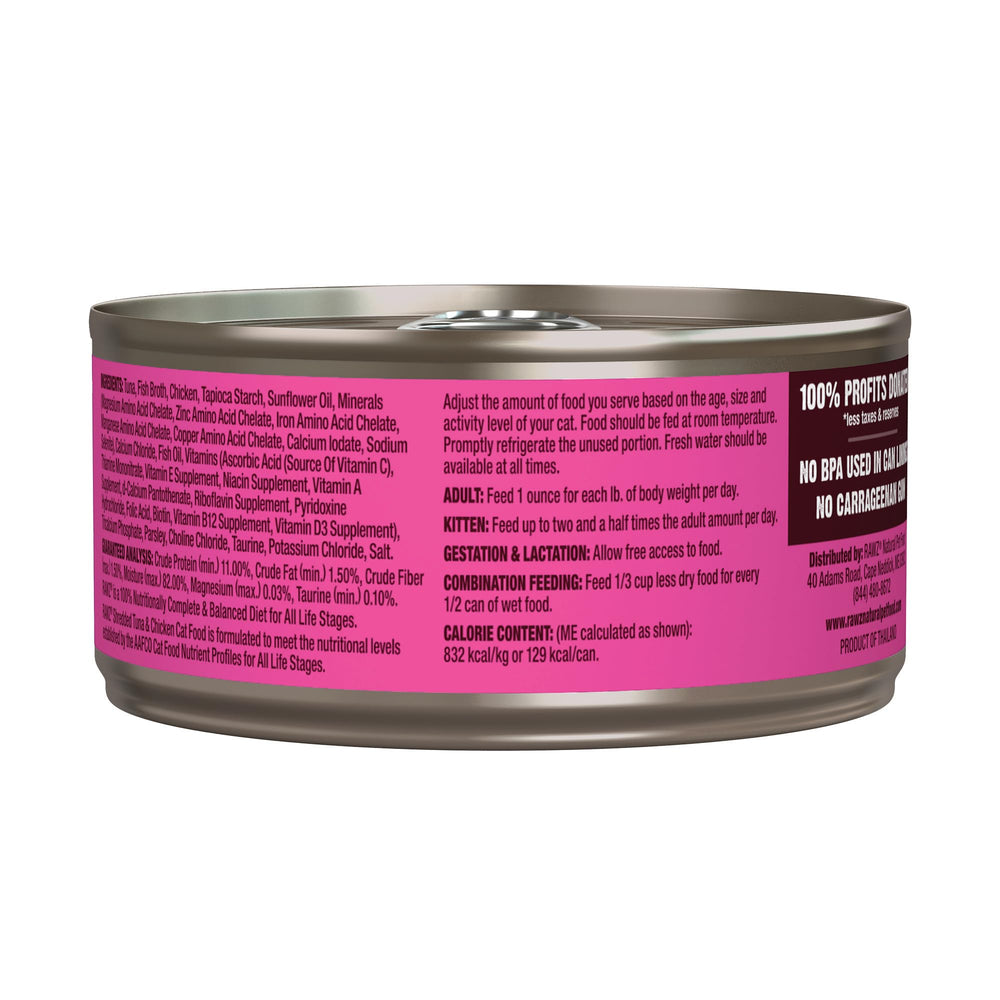 Rawz ingredients label highlights natural BPA-free gum-free formula for cats.