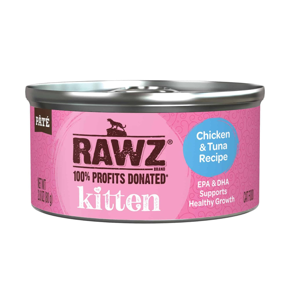 RAWZ kitten pate variety pack 12 cans display for convenient feeding rotation