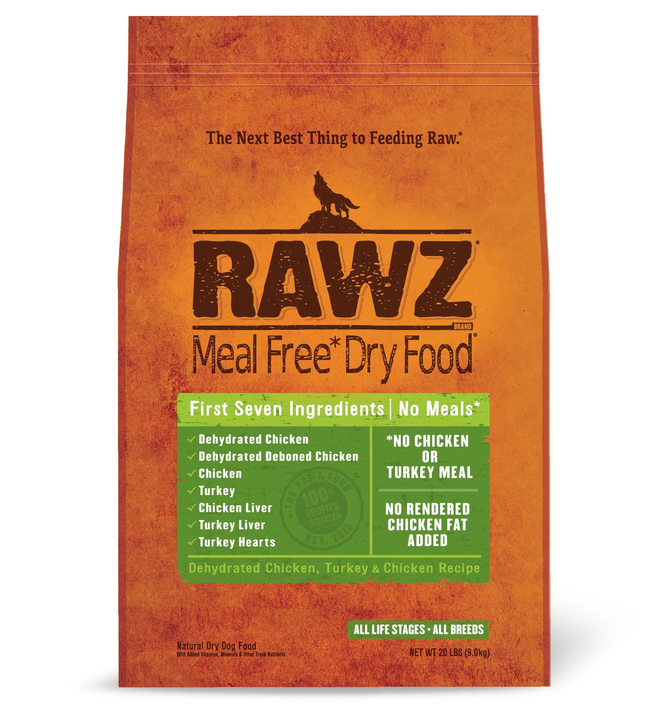 Rawz Meal Free bag shows chicken and turkey for balanced nutrition