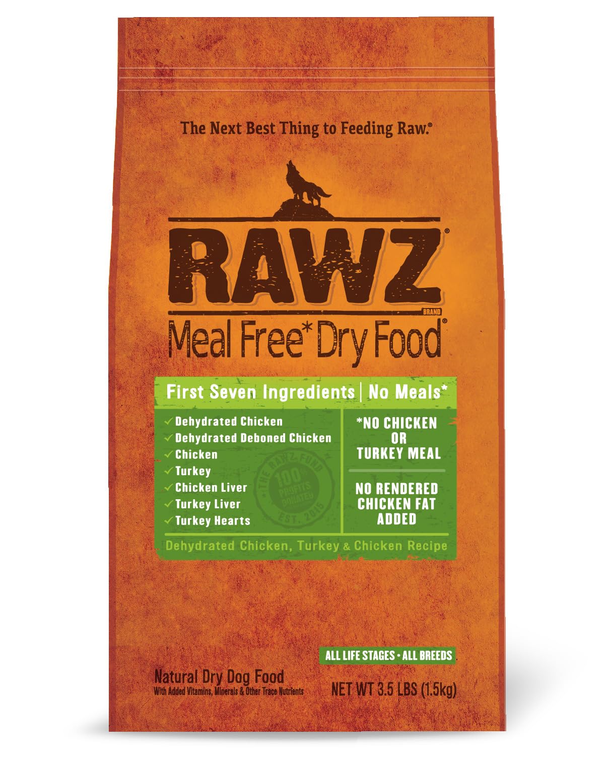 Rawz Meal Free dry dog food bag showing chicken and turkey protein for digestibility