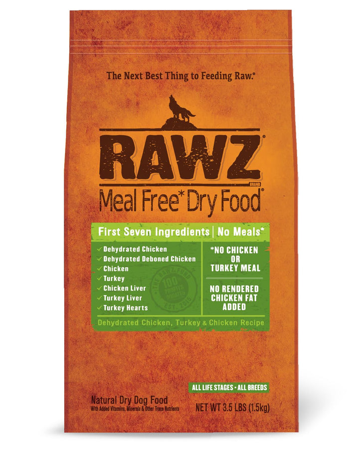 Rawz Meal Free dry dog food bag showing chicken and turkey protein for digestibility