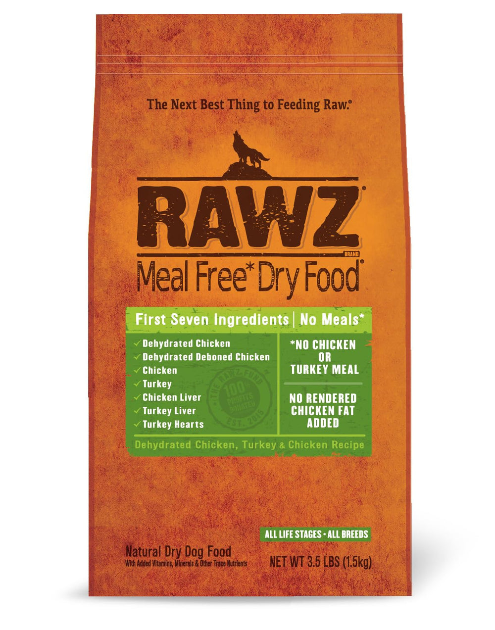 Rawz Meal Free dry dog food bag showing chicken and turkey protein for digestibility