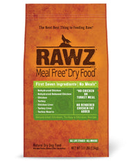 Rawz Meal Free dry dog food bag showing chicken and turkey protein for digestibility