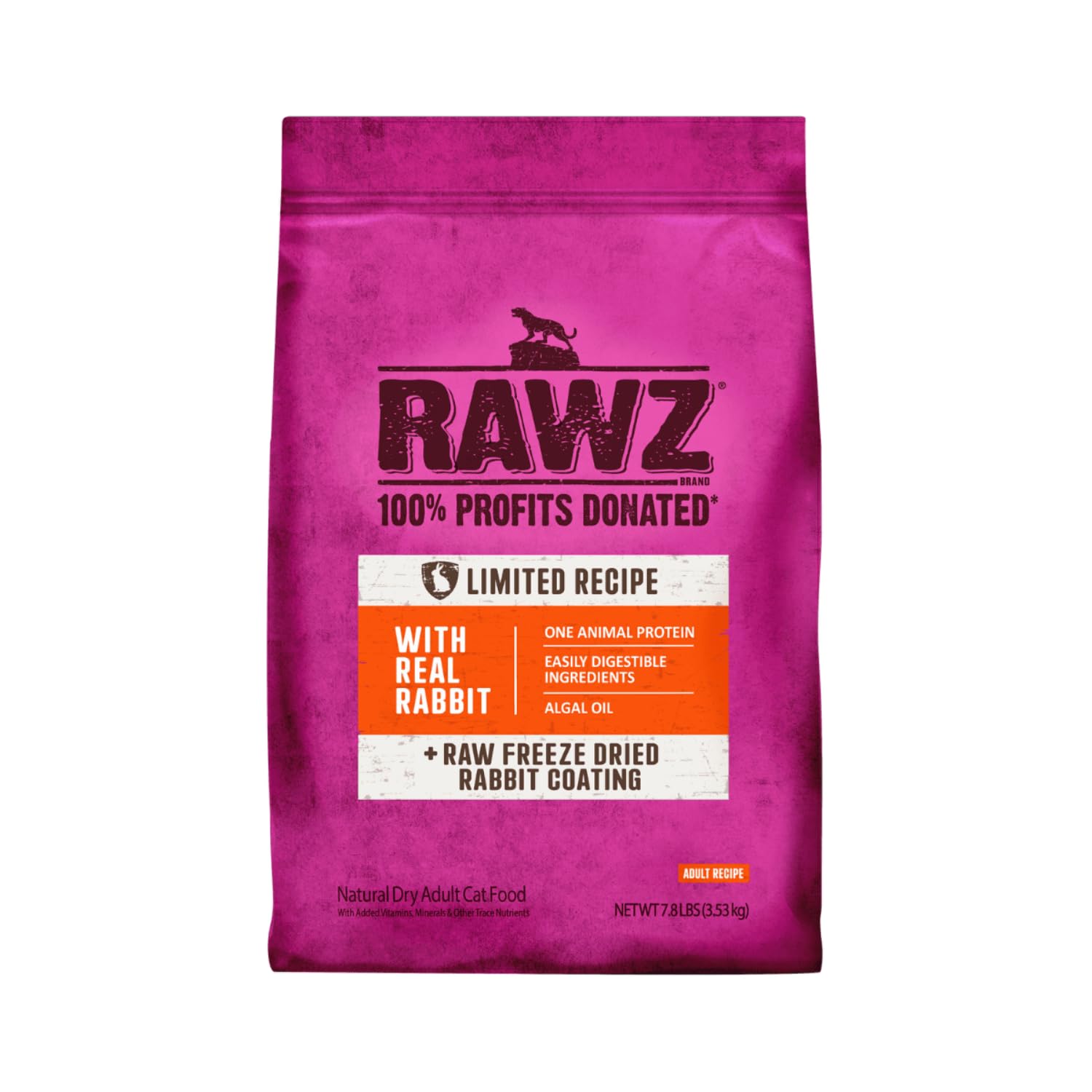 Rawz Real Rabbit dry food bag highlighting freeze-dried coating for cats.