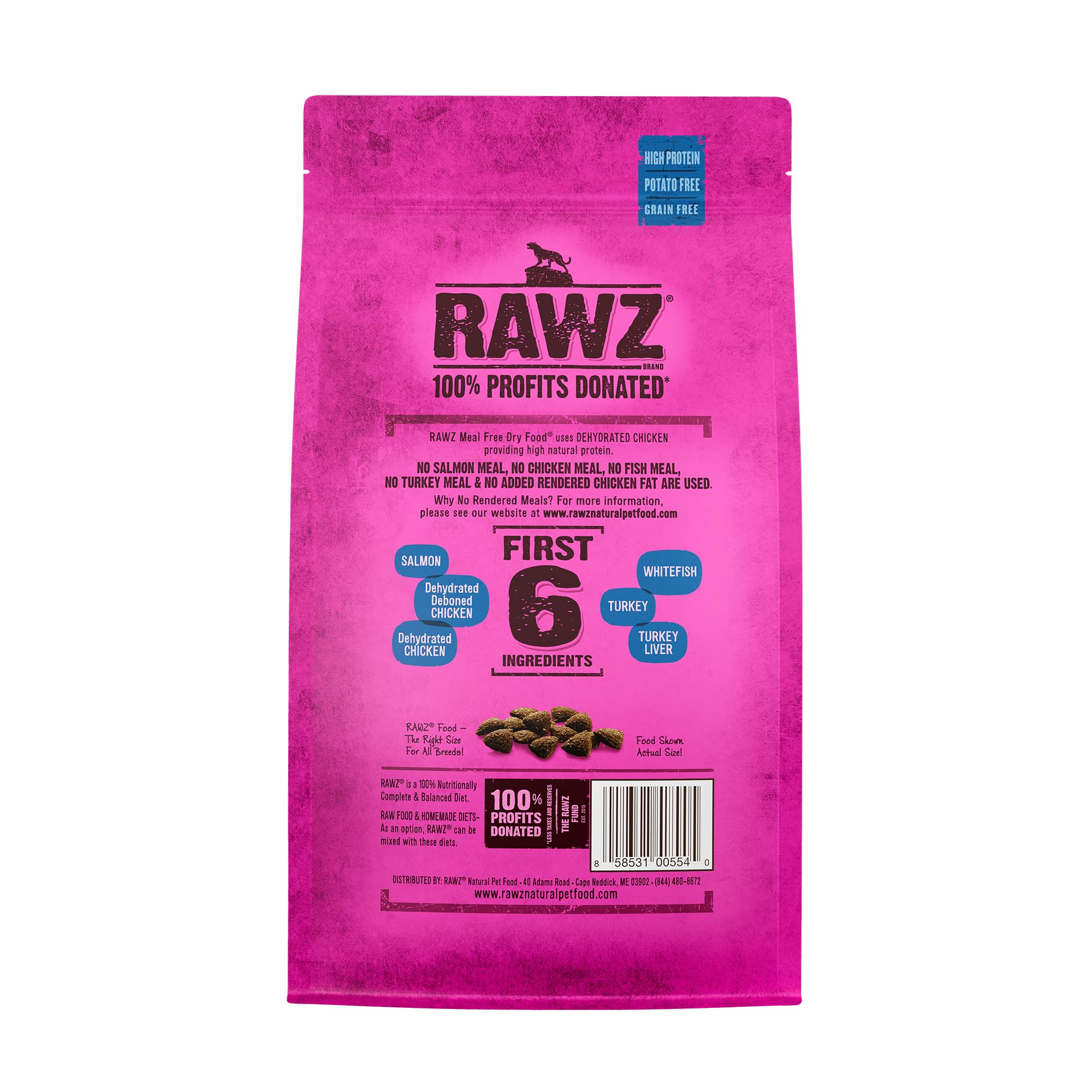 Rawz salmon dehydrated chicken and whitefish kibble closeup showing protein-rich bites