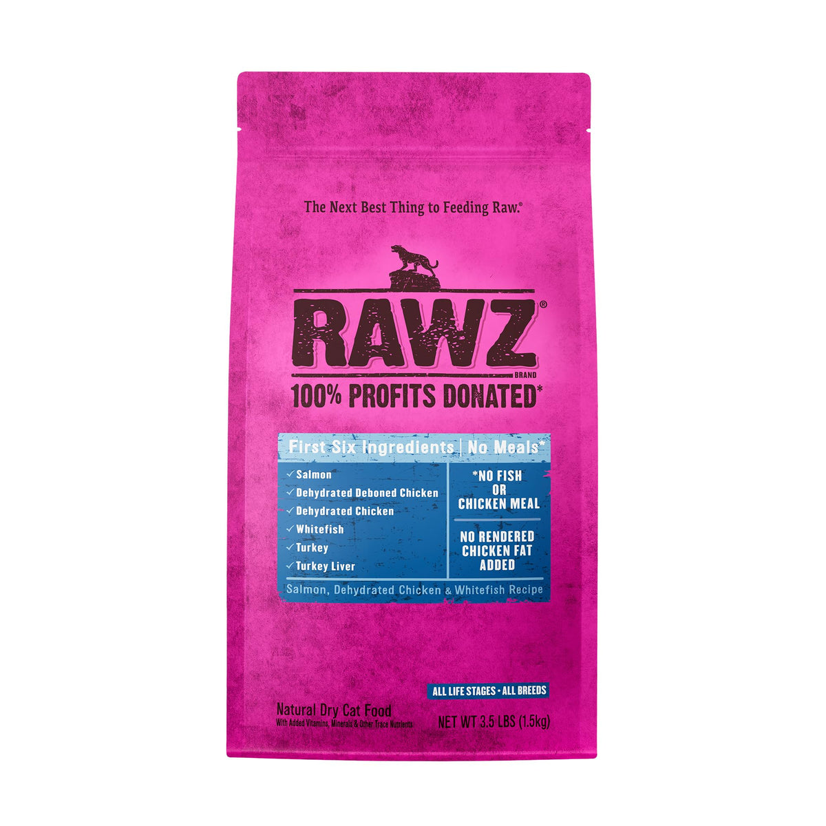 Rawz Salmon and Dehydrated Chicken & Whitefish kibble closeup, protein-rich bite for cats