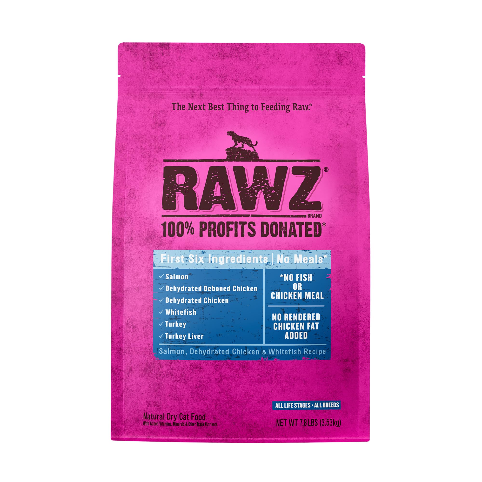 Rawz Salmon, Dehydrated Chicken & Whitefish recipe bag shows high-protein, grain-free cat food