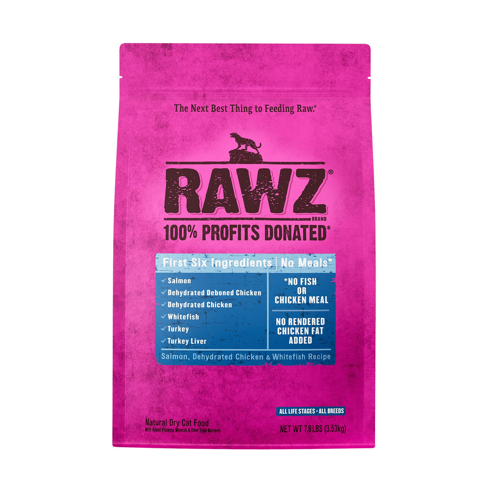 Rawz Salmon, Dehydrated Chicken & Whitefish recipe bag shows high-protein, grain-free cat food